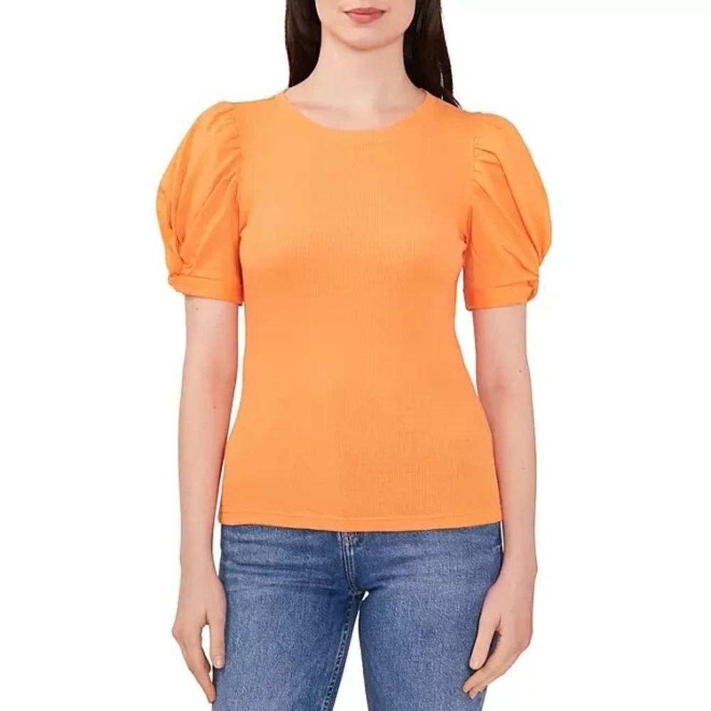 Vince Camuto Women Tangerine Orange Puff Sleeve Rib Top Size XS